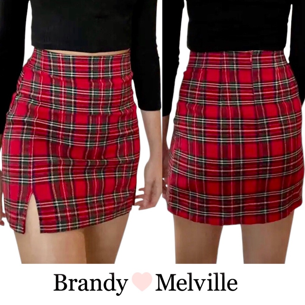 Brandy Melville Red Black Plaid High Waisted Mini Skirt
